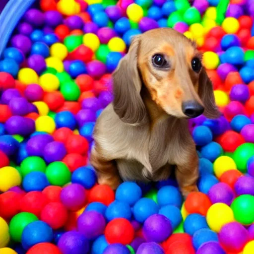 Image similar to long haired blonde miniature dachshund in a ball pit