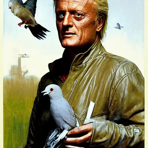 Image similar to rutger hauer as roy batty standing in the rain and holding a dove, painted by norman rockwell and tom lovell and frank schoonover