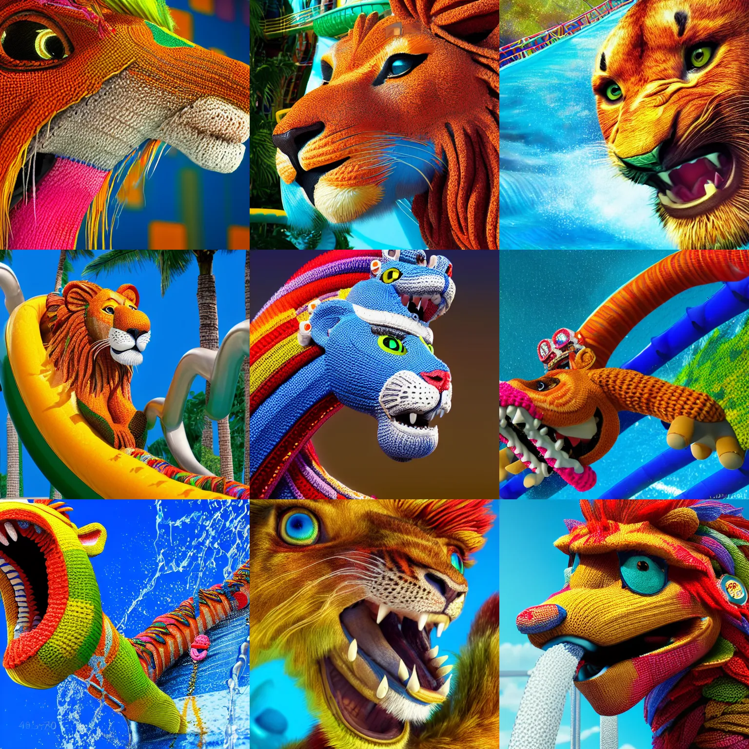 Prompt: a closeup photorealistic photograph of a colorful knitted barracuda themed lion riding down a water slide. intricate stitching. professional capture. bright scene. this 4 k hd image is trending on artstation, featured on behance, well - rendered, extra crisp, features intricate detail, epic composition and the style of unreal engine.