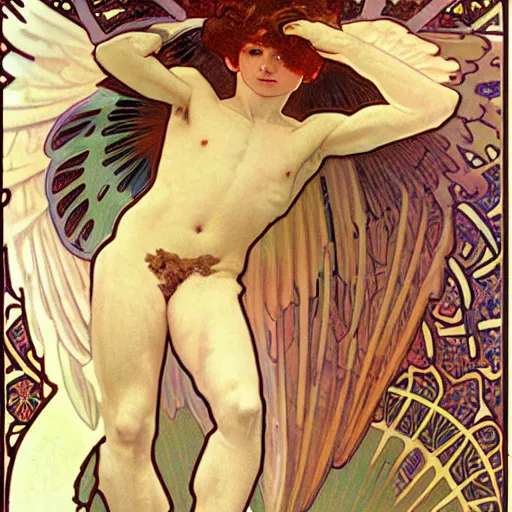 Prompt: ultra realistic illustration of young winged boy angel, full body, male body, elegant study, art nouveau poster by alphonse mucha