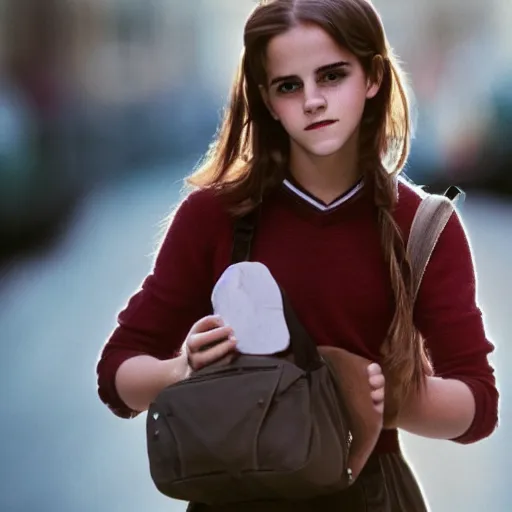 Image similar to photo of teenage emma watson as schoolgirl, holding string bag with bagels, street of moscow, shallow depth of field, cinematic, 8 0 mm, f 1. 8