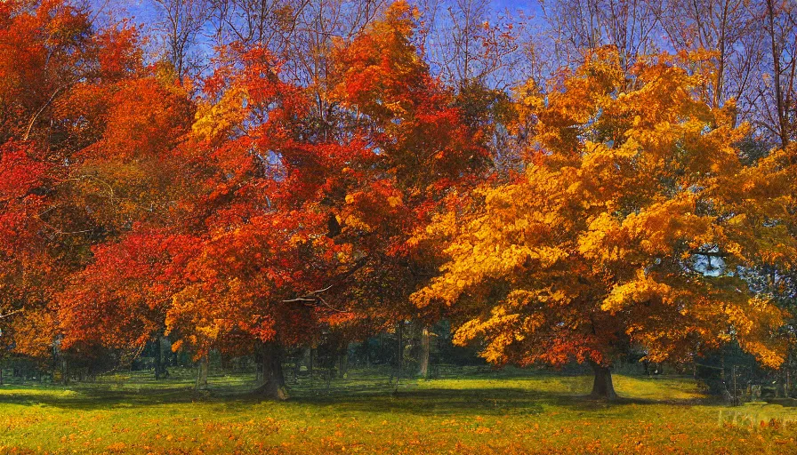 Image similar to maple trees, autumn, new jersey, northwest, farm, high quality, high detail, warm light, watercolor