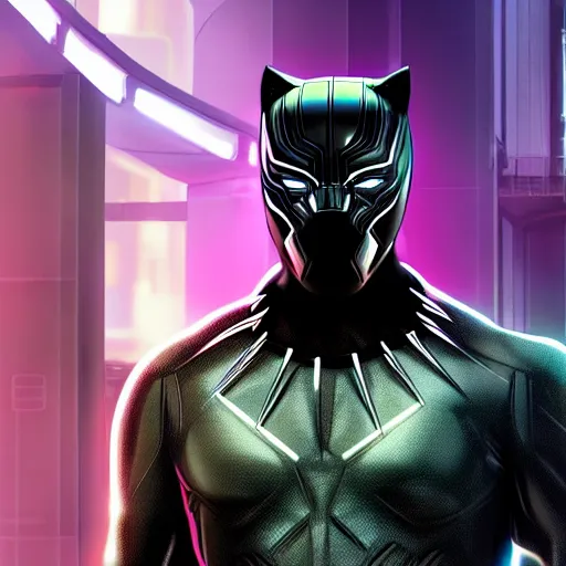 Image similar to Cyberpunk Black Panther, close up shot, neon, cyborg, futuristic, photorealistic, 8K,