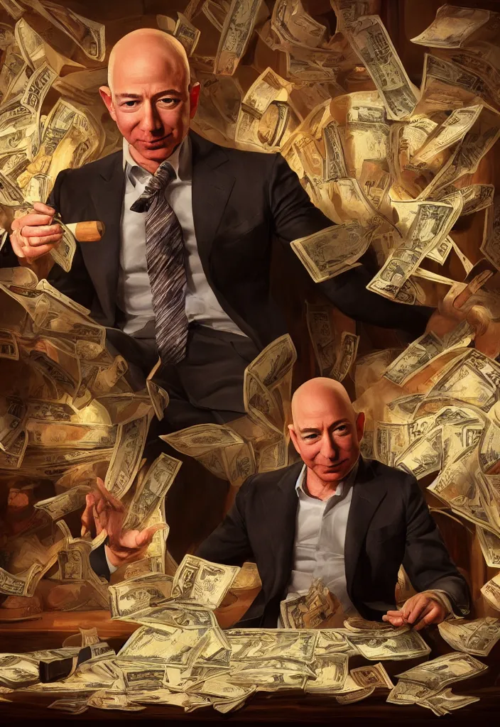 Image similar to a painting of a portrait of jeff bezos lighting a big cigar, dollar bills as back ground, by dave rapoza and kekai kotaki, 4 k, 1 6 k, trending on art station, octane render, high quality