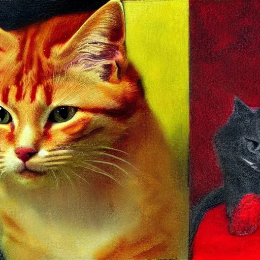 Prompt: A red cat sitting in the middle with yellow squares. in the art style of Andrew Wyeth. Brush Strokes,high texture, high resolution.