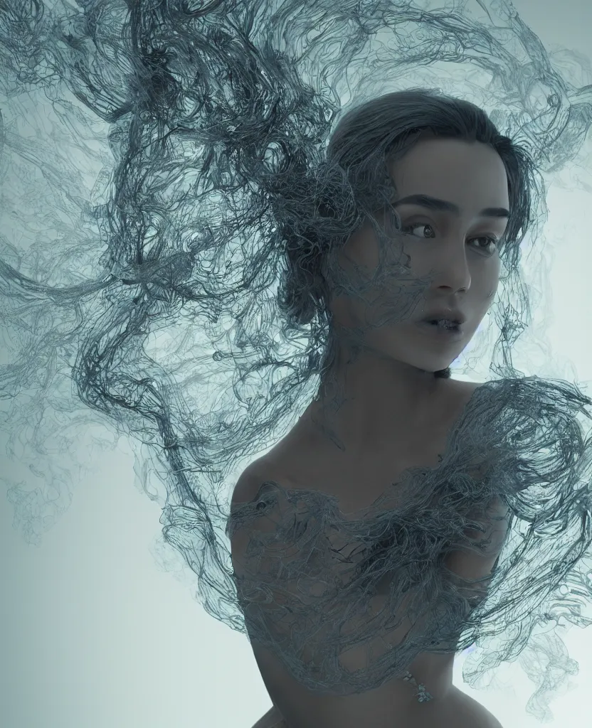 Image similar to portrait of a beautiful woman, smoke tendrils, a string structure, chaotic ferrofluids, occult, octane render, glow, dramatic lighting, intricate fine ornaments, translucent, lighting 8k, cinematic, blur, shallow depth of field, neuro web, plasma