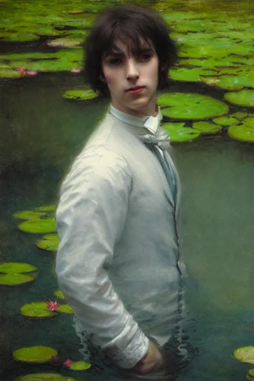 Image similar to detailed cinematic moody colors studio portrait of a young victorian gentleman in a beautiful victorian water pond, water lilies, high quality by jeremy mann, only one head single portrait