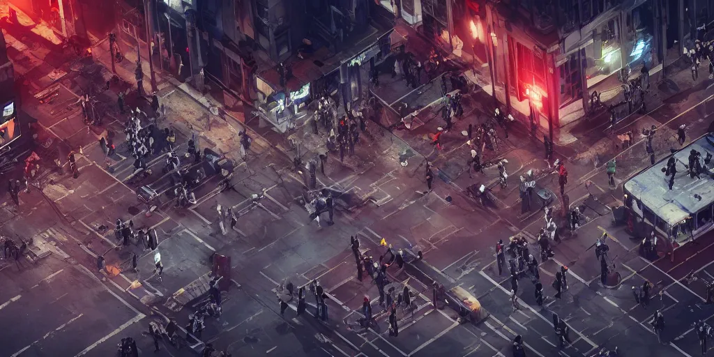 Image similar to aerial isometric photo, riot in a cyberpunk city, police use special equipment against the crowd on a square, hyper detail, evening, police sirens in smoke, dark environment, ocatne, unreal engine 5, render, digital art