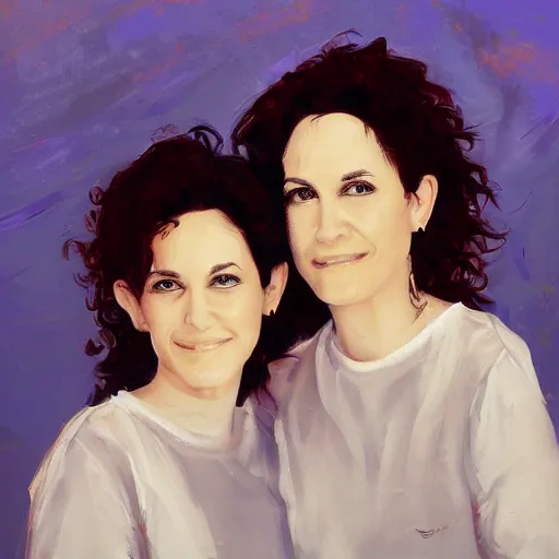 Image similar to a messy painting of twin sisters. Wendy and Susannah Melvoin. Trending on ArtStation