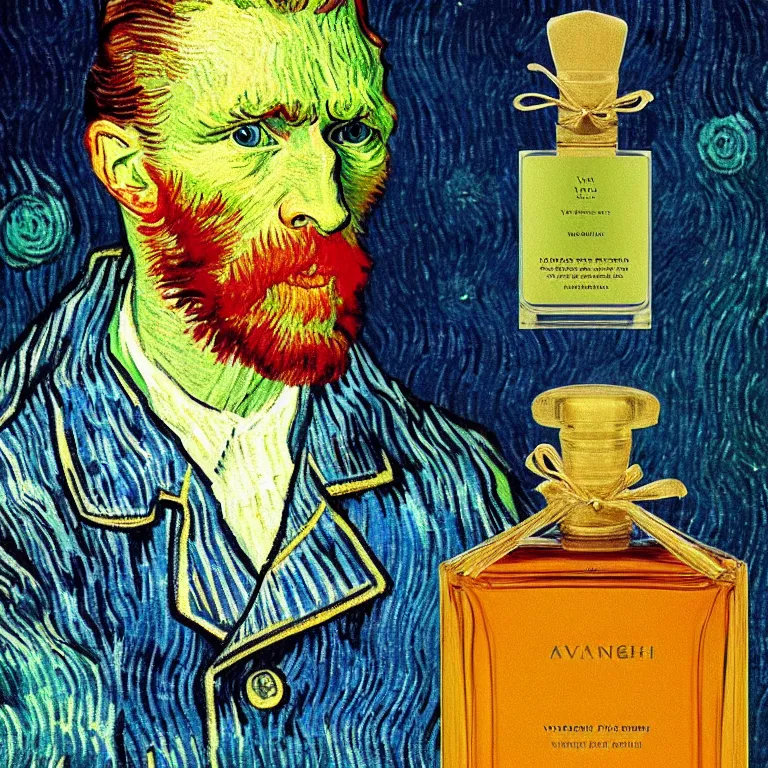 Image similar to portrait fragrance packshot by van gogh, highly detailed, saturated colors, fashion
