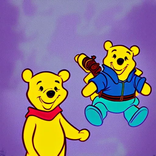 Prompt: Winnie the Pooh as cyberpunk gangster style with pistol, digital art, sharp, bright colors