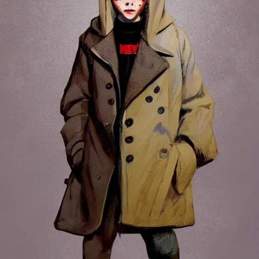 Prompt: a highly detailed epic cinematic concept art CG render digital painting artwork costume design: Sadie Sink, pixie cut, in a used 1950s man's coat and hoodie. muted grey colors with tiny yellow accents. By Greg Rutkowski, Ilya Kuvshinov, WLOP, Stanley Artgerm Lau, Ruan Jia and Fenghua Zhong, trending on ArtStation, made in Maya, Blender and Photoshop, octane render, excellent composition, cinematic atmosphere, dynamic dramatic cinematic lighting, aesthetic, very inspirational, arthouse