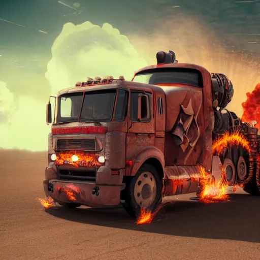 Prompt: A dieselpunk ogre truck with red flames and guns sticking out of it, jet engines with fire and sparks from the back of the trunk in deep space, lush vivid soft colors of sun set, hosing battering ram on front on truck, filigree planets in a stellar nebula, a small Ogre driver , DSLR, HDR, octane render, 3d shading, cgsociety, Horde3d, ambient occlusion, volumetric lighting, ray tracing, 3dexcite, Zbrush, Substance Designer, behance HD, lightWave 3d, Ureal Engine , Monet painting by Kait Kybar