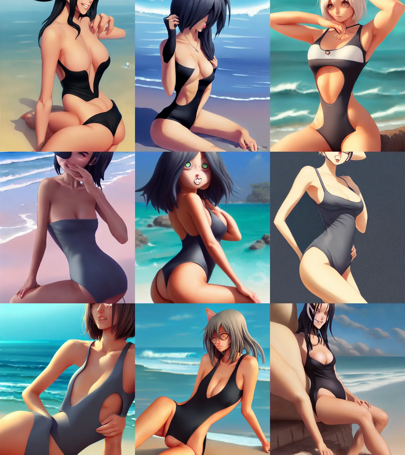 Prompt: attractive cat girl , closed one-piece swimsuit monokini, dark swimsuit , grey hair , hourglass slim figure , juicy , full body shot close up , short hair , seductive smile , details, sharp focus , illustration , sitting at the beach , by Jordan Grimmer and Greg Rutkowski , Trending artstation , pixiv , digital Art