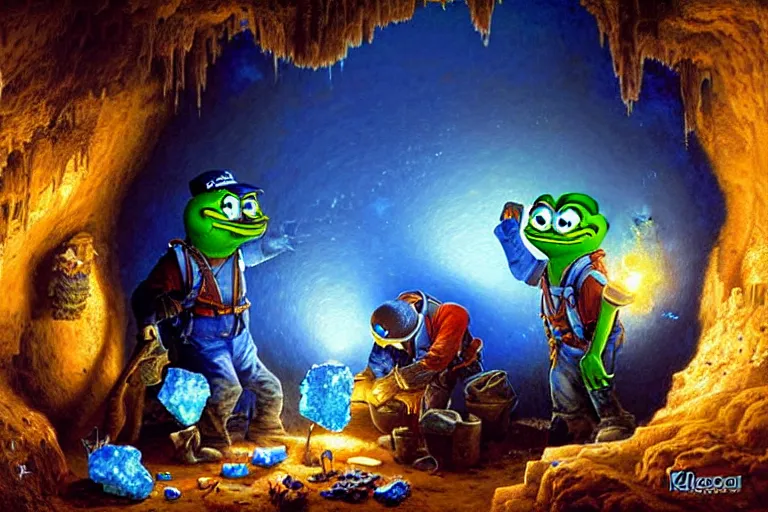 Image similar to portrait of group miners pepe digging deep cave trying to find blue crystals, an oil painting by ross tran and thomas kincade