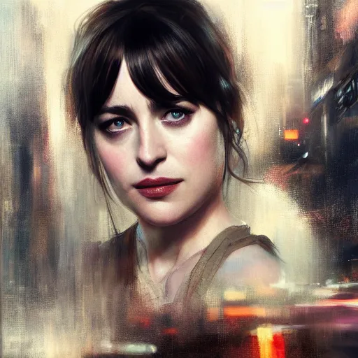 Image similar to dakota johnson, hyperrealistic portrait, bladerunner street, art of elysium by jeremy mann and alphonse mucha, fantasy art, photo realistic, dynamic lighting, artstation, poster, volumetric lighting, very detailed face, 4 k, award winning