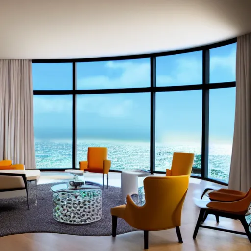 Prompt: modern hotel interior design, living room with window facing the sea and sun, photorealistic, ultra-detailed, 4k high resolution, HDR shot