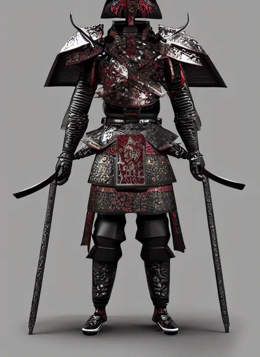 Image similar to A dragon inspired Japanese samurai armor, holding a katana, powerful, fire reflection, trending on artstation, product photo