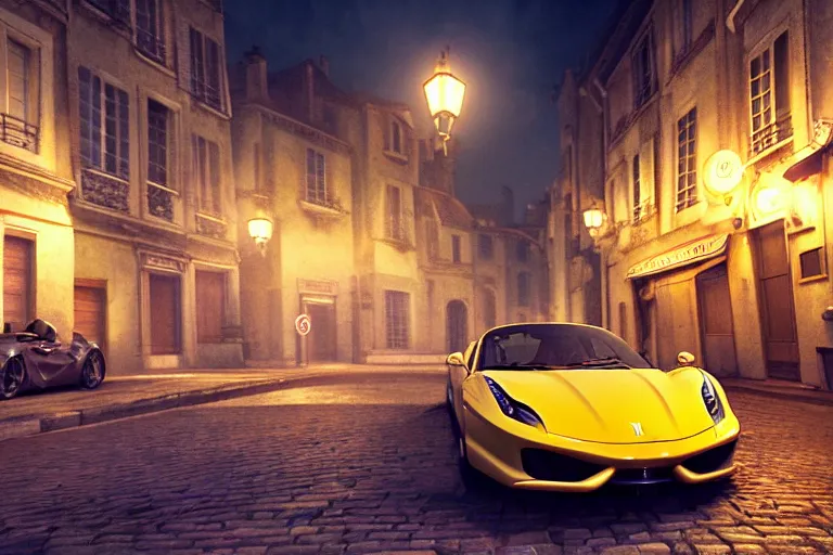 Prompt: a wholesome animation key shot of one focused ferrari, dynamic, on an ancient paris street, photo taken at night, wide shot, studio ghibli, pixar and disney animation, sharp, very detailed, high resolution, rendered in unreal engine 5, anime key art by greg rutkowski, overcast lighting, dark