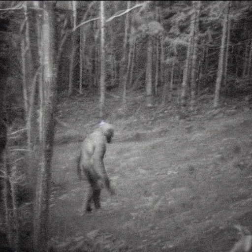 Image similar to footage of a sasquatch caught on a wildcamera, black and white, blurry footage, wild camera, night