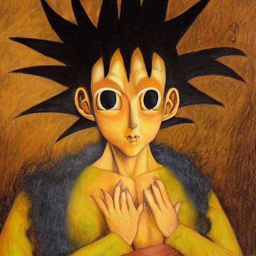 Image similar to by Remedios Varos, Goku from Dragon Ball Z, portrait, oil painting, high resolution, MET collection, Louvre