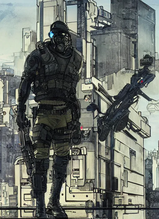 Prompt: Hector. USN blackops operator looking at city skyline. Agent wearing Futuristic stealth suit. rb6s, MGS, and splinter cell Concept art by James Gurney, Alphonso Mucha.