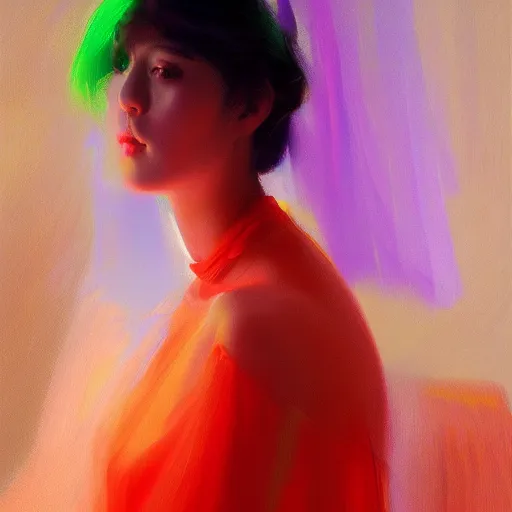 Image similar to yanjun cheng portrait of a beautiful princes, neon dress