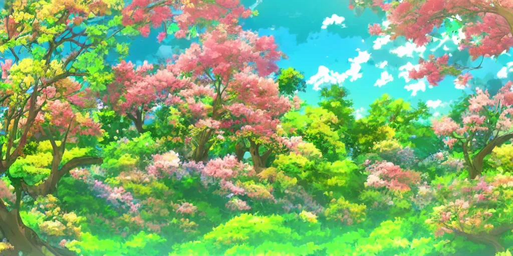 Image similar to a beautiful landscape of multi coloured flowers, trees and bushes. Anime style.