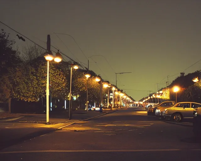 Image similar to suburban english street at night, 2003, yellow street lights, cars parked, amateur, flickr