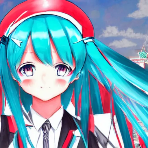 Image similar to hatsune miku on the moscow red square, high detailed anime art, trending on pixiv