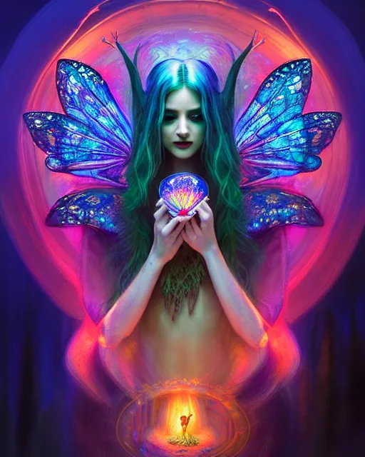 Image similar to stunningly beautiful female faerie priestess in amanita muscaria forest landscape, symmetrical wings on back, symmetrical face, neon hair, fantasy art, dark light night, sharp focus, digital painting, 4 k, concept art, art by wlop, artgerm, greg rutkowski and alphonse mucha