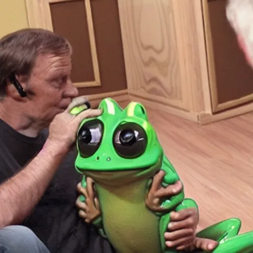 Image similar to photo of a frog man talking with his cat