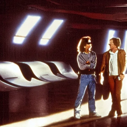 Image similar to movie still, 1 9 8 0 s, harrison ford and john carpenter talking, sci - fi corridor in the background, photorealistic, hyperdetailed, by ridley scott and john carpenter, blue leds