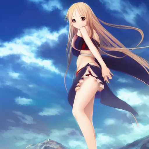 Prompt: a very beautiful mature yuuki asuna, full body, long wavy blond hair, sky blue eyes, full round face, bikini, miniskirt, front view, cute pose, highly detailed, cinematic wallpaper by stanley artgerm lau