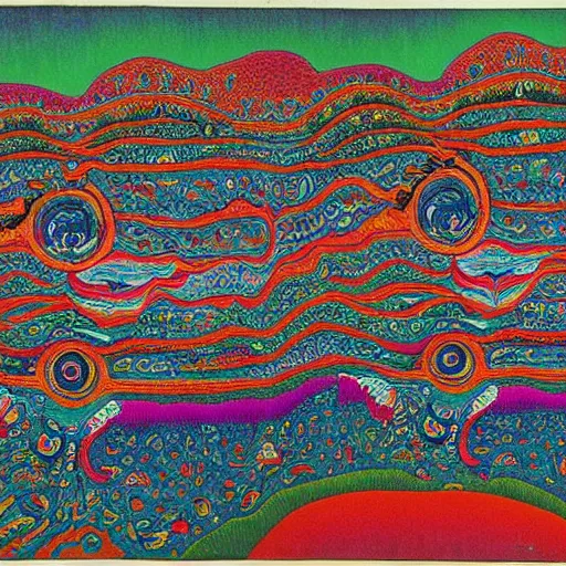 Prompt: psychedelic trippy couch pine forest planets milky way sofa cartoon by louis wain