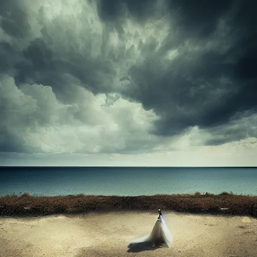 Image similar to Southern Gothic scene of a bride looking the distant shore, painted by Michal Karcz