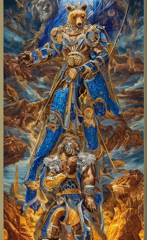 Image similar to mural of a bear beast-man, sci fi weapon, royal ornaments, reaching towards the heavens, sci fi world, holy imagery, highly detailed, beautiful colors, renaissance mural, mural in the style of sandro boticceli, sandro boticceli