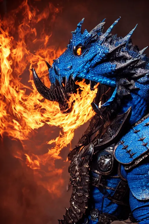 Image similar to a dark blue dragonborn with large tusks, half of his face flaming with blue flame, he wears a black dragon scales armor, studio shot