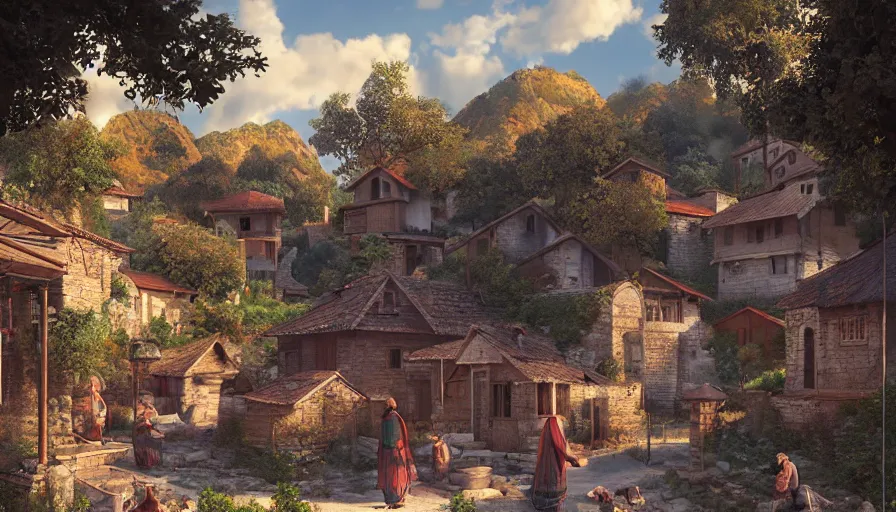 Prompt: very very small turkish village, by ilya kuvshinov, rtx rendering, octane render 1 2 8 k, maya, extreme high intricate details by tom bagshaw, medium shot, close up shot, composition by sana takeda, lighting by greg rutkowski