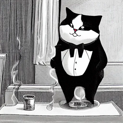 Image similar to a very fat and judgmental cat wearing a full tuxedo, smoking a pipe, sitting in a dimly lit parlor lounge, photograph