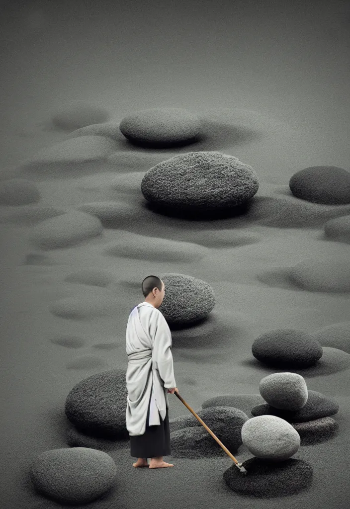 Prompt: portrait of a lone monk raking stones in a beautiful serene zen garden kyoto, japan, a collage painting, in the style of wes anderson, lola dupre, david hockney, isolated on negative white space background dark monochrome fluorescent neon spraypaint accents volumetric octane render