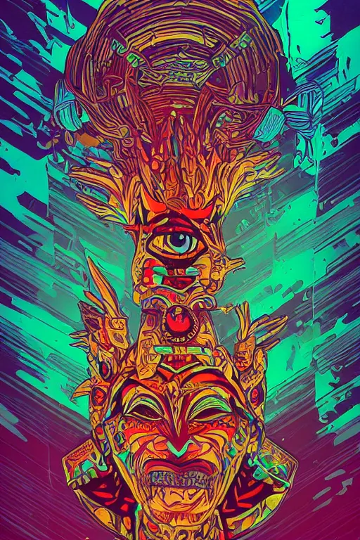 Image similar to totem animal tribal chaman vodoo mask feather gemstone plant wood rock video game illustration vivid color borderlands by josan gonzales and dan mumford radiating a glowing aura