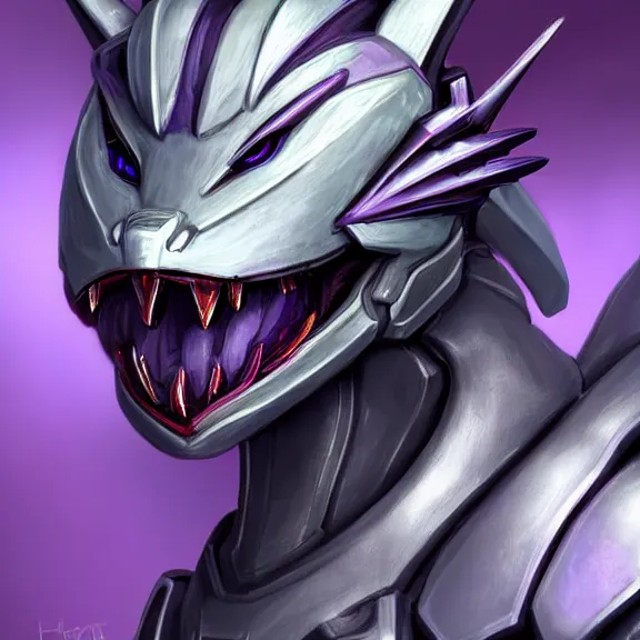 Prompt: high quality close up headshot of a cute beautiful stunning robot anthropomorphic female dragon, with sleek silver armor, purple flesh, glowing LED eyes, facing the camera, high quality maw open and about to eat you, you being dragon food, the open maw being detailed and soft, highly detailed digital art, furry art, anthro art, sci fi, warframe art, destiny art, high quality, 3D realistic, dragon mawshot, maw art, furry mawshot, macro art, dragon art, Furaffinity, Deviantart