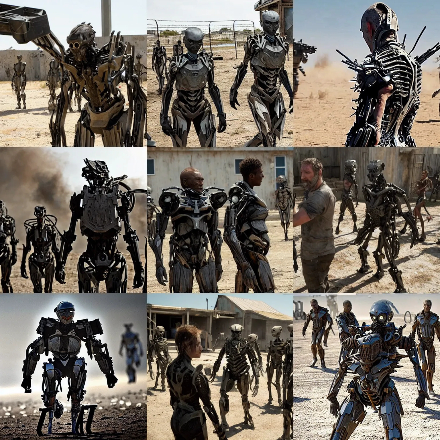 Prompt: cinematic still in exoskeleton in district 9 movie