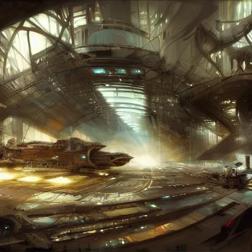 Image similar to inside epic futuristic structure by raymond swanland, highly detailed