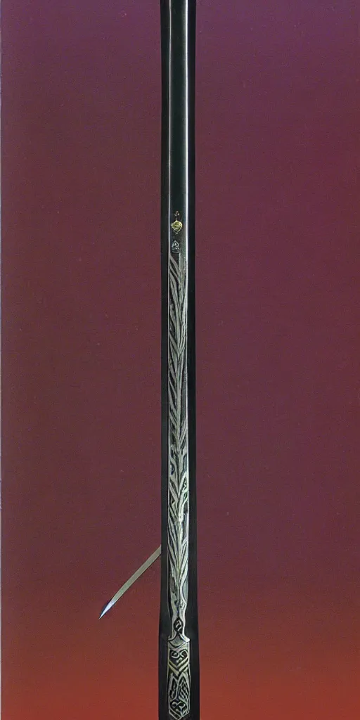 Image similar to a katana in the style of zdzisław beksinski, elegant, silver and amethyst inlay, flower motif, weapon on display, night sky