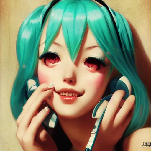 Image similar to Hatsune Miku by Gil Elvgren and Daniela Uhlig