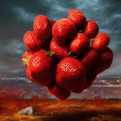 Image similar to huge strawberries fall to earth, apocalypse, 4 k, 8 k, trending on artstation