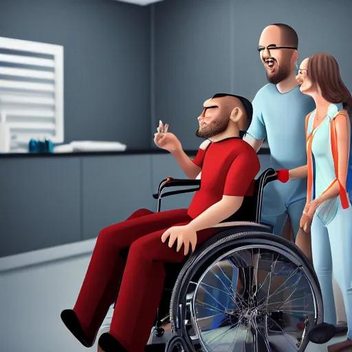 Prompt: a male patient in a wheelchair in the hospital with his wife and son standing by. happy, cheerful, intricate, sharp focus, artstation, cinematic, 8 k, award winning