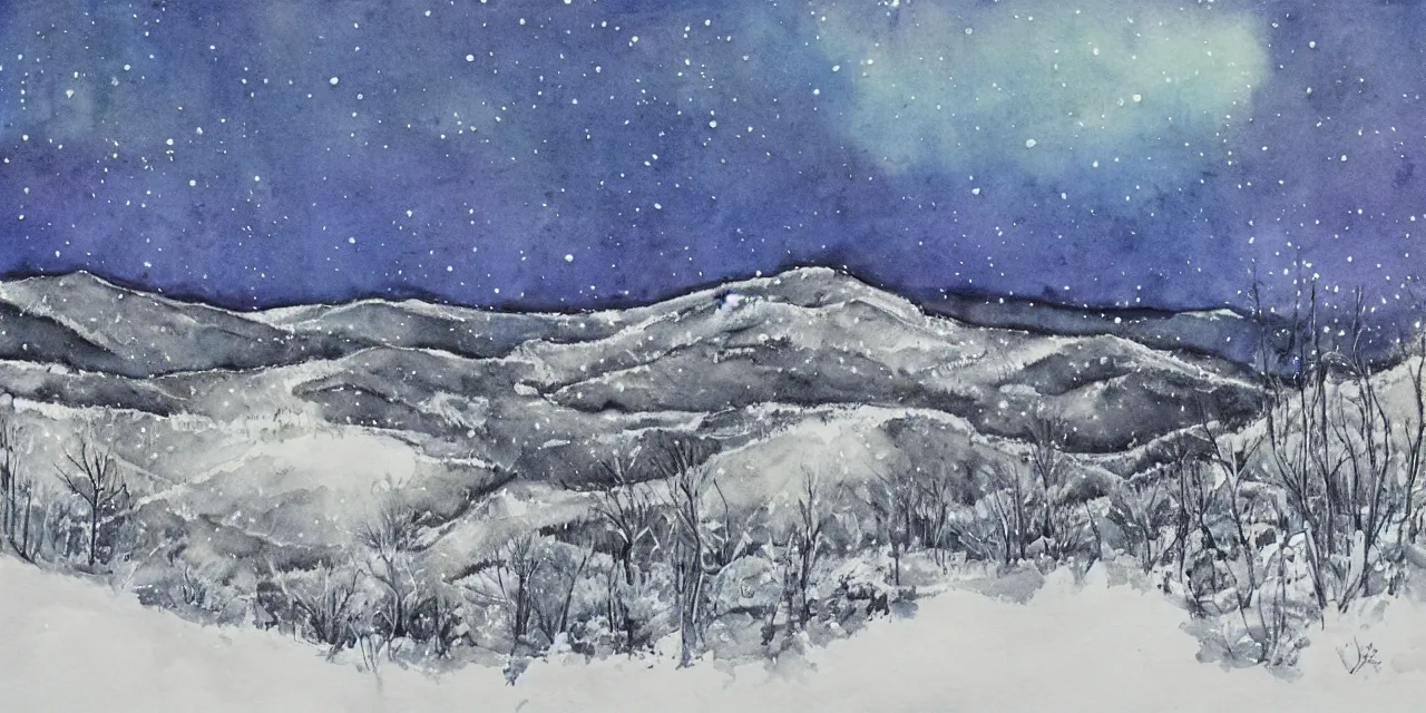 Prompt: laurentian appalachian mountains in winter, unique, original and creative black watercolour landscape, surrealist artwork, snowy night, distant town lights, aurora borealis, deers and ravens, footsteps in the snow, brilliant composition, fascinating textures